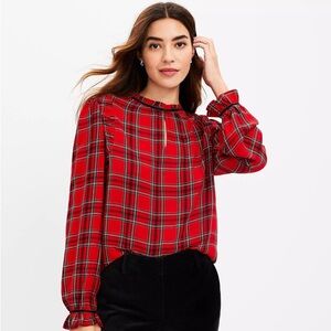 Plaid Ruched Ruffle Neck Blouse